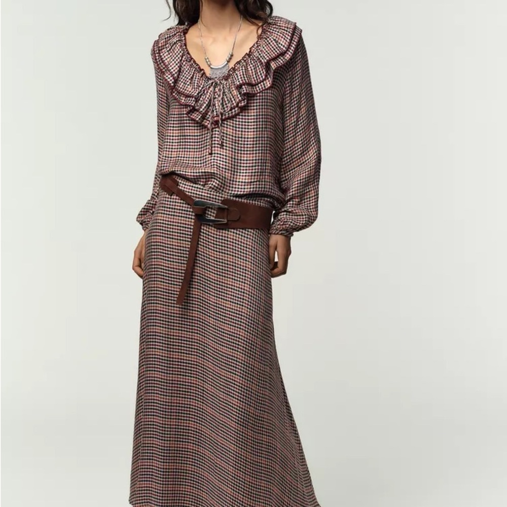 Zara Checkered Maxi Skirt and Blouse- Brown and Black